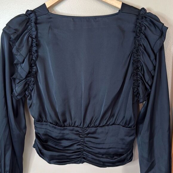 Zara black satin ruffle layered blouse shirt women’s size small long sleeve dark - Picture 5 of 8